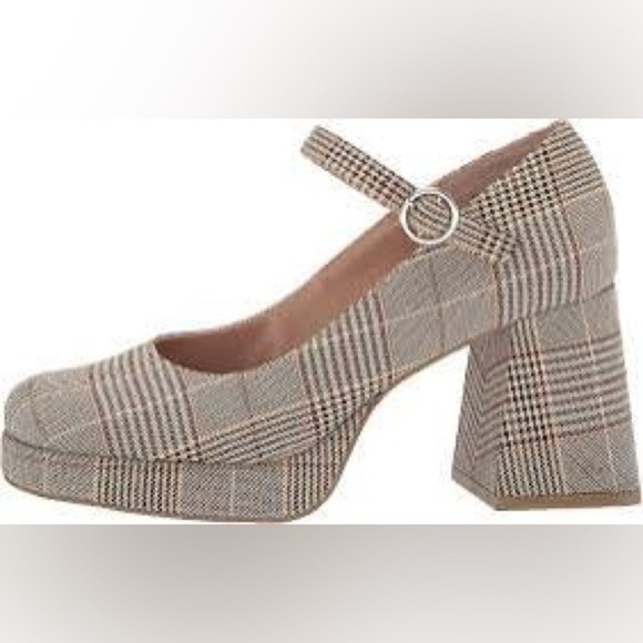 Steve Madden Mary Jane Pump Neutral Plaid Fabric Upper Chunky Heel Size 8 M - Picture 2 of 14